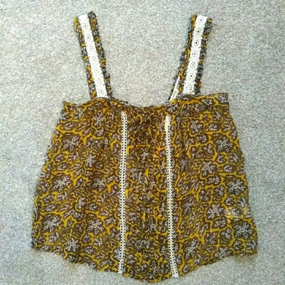 Anthropologie Mustard Yellow Floral Tank Top with Lace Trim